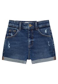 Jeansshorts i mörkblått med en slitagen stil, uppvikt nederkant, framfickor och metallknäppning. Standard femficksdesign.