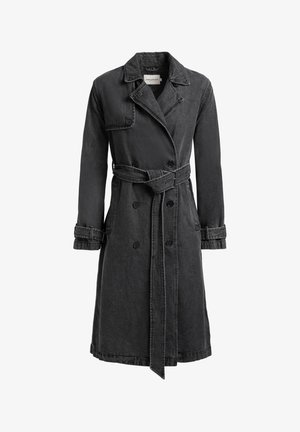 Long black denim trench coat with double-breasted buttons, waist belt, notch collar, and cuff straps.