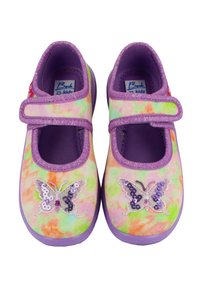 Mary-Jane-Schuhe mit einem mehrfarbigen Batikmuster, das lila Akzente und Schmetterlings-Pailletten auf der Vorderseite aufweist.