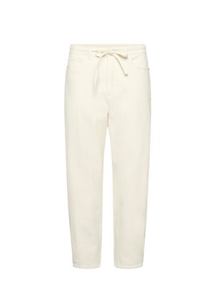Hlače boje kreme, srednjeg struka s pojasom na vezanje, prikazane u ležernom kroju i izrađene od lagane pamučne tkanine.