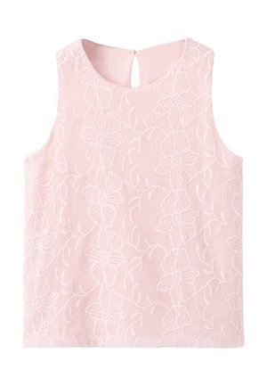 Haut rose sans manches avec broderie florale, présentant un dos avec ouverture en forme de clé et une texture douce. Tissu léger avec une finition lisse.