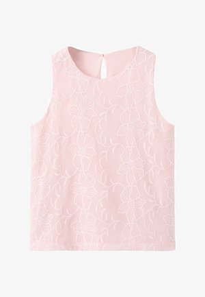 Haut rose sans manches avec broderie florale, présentant un dos avec ouverture en forme de clé et une texture douce. Tissu léger avec une finition lisse.