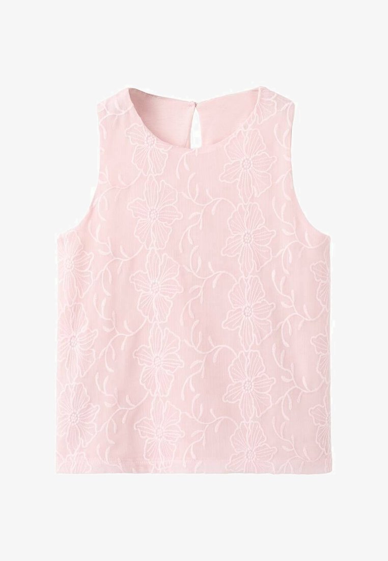 Różowy top bez rękawów z kwiatowym haftem, z tyłem w kształcie otworu i miękką fakturą. Lekka tkanina o gładkim wykończeniu.