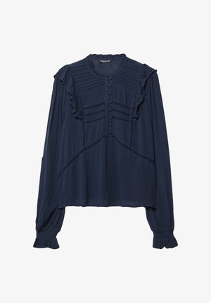 Marineblauwe blouse met lange mouwen, een ronde halslijn, ruche-accenten, verticale plooien en knoopsluitingen aan de voorkant. Zachte stofstructuur.