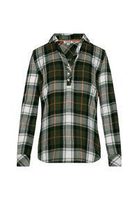 Ein grün-weißer und grauer karierten Langarmhemd mit Kragen und Knopfleiste. Aus Baumwollstoff mit unterschiedlichen Karomustern.