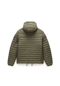 Giacca a vento verde oliva con cappuccio, caratterizzata da un design trapuntato, cordoncino elastico all'orlo e un patch con logo sulla manica sinistra.