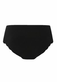 Svart bikinitrosa med scallopade kanter, tillverkad av mjukt tyg, med en klassisk, hög midje-design. Inga mönster eller detaljer.