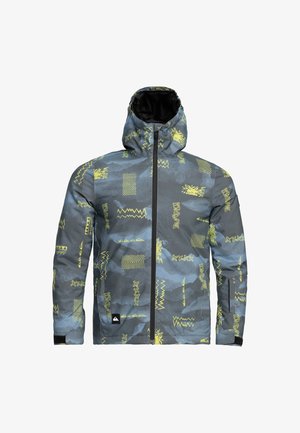 Chaqueta con capucha azul y gris con cremallera frontal y patrones geométricos abstractos en neón amarillo, y un pequeño parche con logo negro cerca de la cintura.