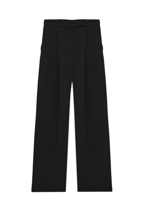 Pantaloni neri a vita alta con gamba larga, passanti per cintura e pieghe frontali, mostrati su sfondo bianco.