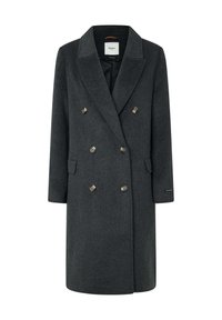 Grijze wollen dubbelgeknoopte jas met reverskraag, twee voorzakken en metalen knopen. Voorzien van een gladde voering aan de binnenkant.