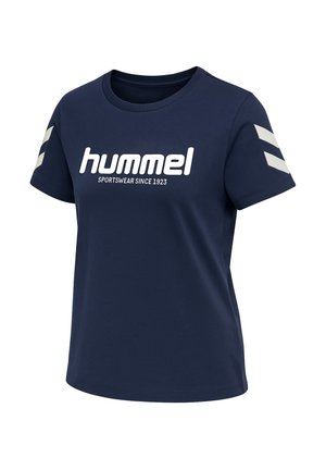 Marineblauwe t-shirt gemaakt van zachte stof, met korte mouwen, ronde hals en wit "hummel" logo met strepen op de mouwen.