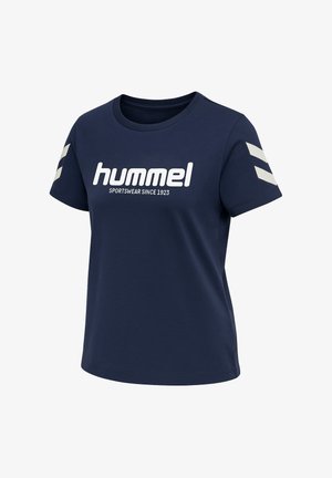 Navy blue t-shirt made from soft fabric, featuring short sleeves, round neck, and white "hummel" logo with stripes on sleeves.