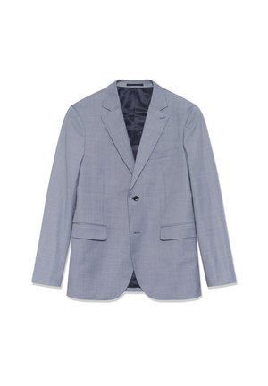 Jasnoniebieska, dopasowana marynarka z teksturowanego materiału, zapinana na jeden guzik, z układem klap na wycięcie, dwoma przednimi kieszeniami oraz podszewką z satyny.