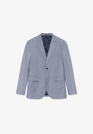 Jasnoniebieska, dopasowana marynarka z teksturowanego materiału, zapinana na jeden guzik, z układem klap na wycięcie, dwoma przednimi kieszeniami oraz podszewką z satyny.