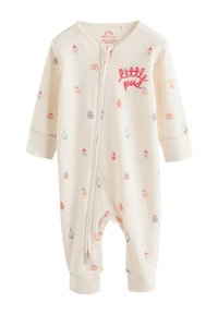 Body pour bébé couleur crème avec des motifs festifs incluant des cupcakes, des cadeaux et des sapins, doté d'une fermeture éclair et de manches longues.