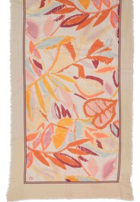 Bufanda de algodón con un patrón floral en naranja, rosa y azul claro. Bordes con flecos y un borde en contraste. Forma rectangular.
