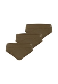 Drei Paare olivgrüner Baumwollslips mit elastischen Taillenbündchen und einem dezenten Markenlogo. Sie verfügen über ein klassisches Slips-Design und eine glatte Textur.