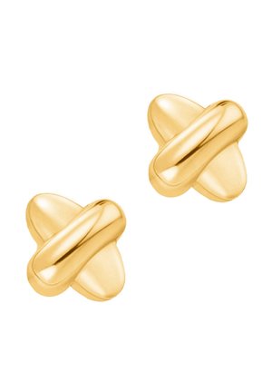 Coppia di orecchini a bottone in oro lucido con design a forma di X intrecciata su sfondo bianco.