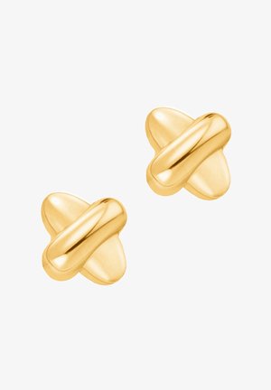 Een paar glanzende gouden oorknopjes met een gedraaide X-vormige ontwerp op een witte achtergrond.