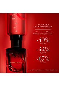 Bottiglia di profumo Giorgio Armani, in vetro rosso con tappo nero e liquido visibile. Il testo illustra i risparmi ambientali derivanti dalle opzioni di ricarica.