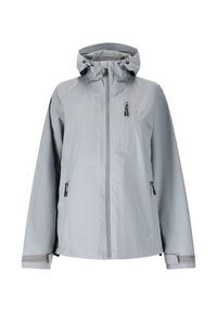 Lichtgrijze waterdichte jas met capuchon, ritssluiting aan de voorkant, borst- en zijzakken met rits, verstelbare manchetten en trekkoorden bij de capuchon en zoom.