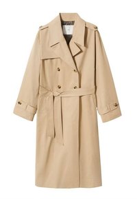 Beige trenchcoat med dobbeltknapdesign, stor krave, bælte og knapdetaljer. Lavet af glat stof og med opbrugte ærmer.