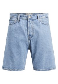 Light blue denim shorts with a straight cut, five pockets, and a single front button closure. Features frayed hem detailing.