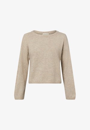 Jasnobeżowy, krótki sweter wykonany z miękkiego materiału, z okrągłym dekoltem oraz długimi rękawami zakończonymi prążkowanymi mankietami i ściągaczem.