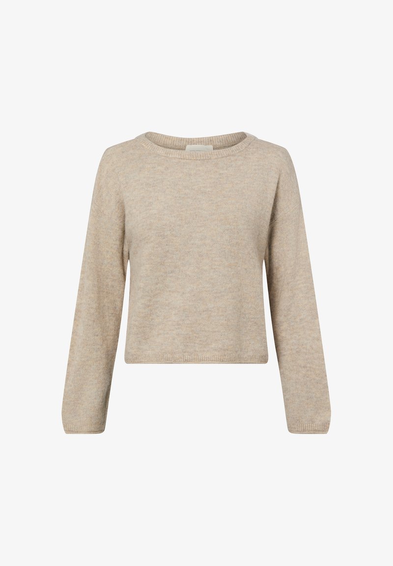 Jasnobeżowy, krótki sweter wykonany z miękkiego materiału, z okrągłym dekoltem oraz długimi rękawami zakończonymi prążkowanymi mankietami i ściągaczem.