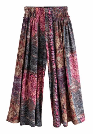 Weit geschnittene Hose mit elastischem Bund, mit einem mehrfarbigen Paisley- und Blumen-Patchwork-Muster in Rosa-, Lila-, Blau- und Beigetönen.