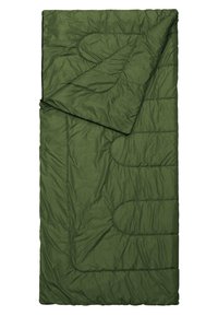 Rechteckiger Schlafsack, olivgrün, gestepptes Design mit sichtbaren Nahtmustern, glatte Textur und umgeschlagener Oberklappe.