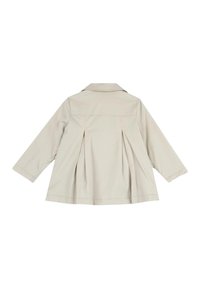 Khaki trenčkot s strukturovaným designem, dlouhými rukávy, límečkem a sklady na zádech. Vyrobeno z lehkého materiálu.