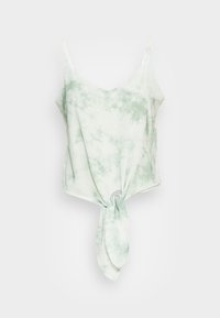 Miętowo-zielony top z wiązaniem z przodu, cienkimi ramiączkami, dekoltem w serek i wiązaniem u dołu, ozdobiony wzorem przypominającym chmury. Lekka tkanina.