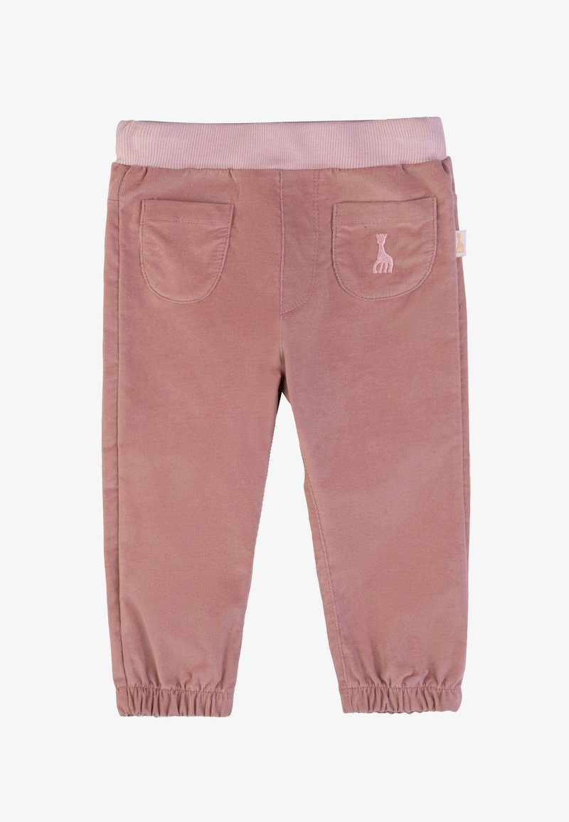 Pantaloni in velluto a coste rosa polvere con vita elastica, polsini arricciati, due tasche posteriori e un piccolo ricamo di una giraffa.