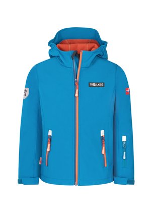 Hellblaue Kinder-Kapuzenjacke mit orangefarbenen Reißverschluss-Akzenten, zwei Fronttaschen, einer kleinen Ärmeltasche und norwegischen Flaggen-Patches auf den Ärmeln.