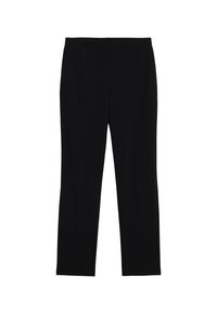 Pantaloni neri slim-fit con una texture liscia e una vita. Presentano due pieghe frontali che scendono lungo le gambe. Nessun hardware visibile.