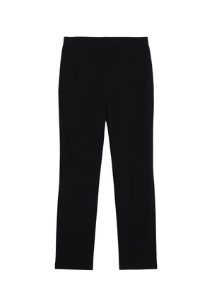 Pantaloni neri slim-fit con una texture liscia e una vita. Presentano due pieghe frontali che scendono lungo le gambe. Nessun hardware visibile.