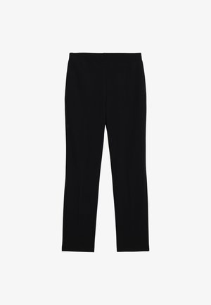 Black, slim-fit trousers with a smooth texture and a waistband. Features two front creases extending down the legs. No visible hardware.