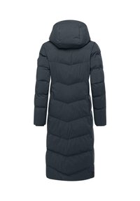 Lång, mörkgrå pufferjacka med huva, med ett chevronmönstrat quiltnig, sidofickor och en rak fåll i midikalvlängd.