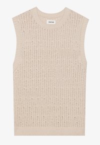 Débardeur en tricot beige clair, avec un côtes verticales, un col rond et une finition texturée avec des motifs subtils.