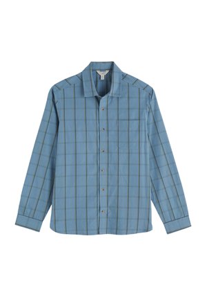 Cămașă albastru deschis cu model în carouri. Mâneci lungi, închidere cu nasturi pe partea din față și un buzunar pe piept. Confecționată dintr-un material moale, cu o textură netedă.
