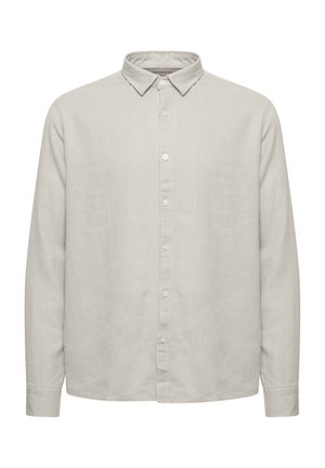 Hellgrau, langärmliges Hemd mit button-down Kragen, aus einem glatten, atmungsaktiven Stoff. Mit einer Knopfleiste vorne und geknöpften Ärmeln.