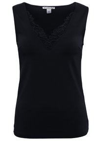 Černý bezrukávový top s V-výstřihem, který má krajkový lem kolem výstřihu. Vyrobený z hladkého materiálu s přiléhavým designem.