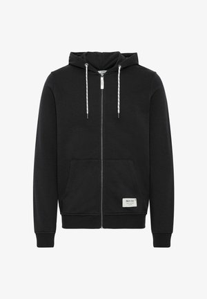 Zwarte zip-up hoodie gemaakt van zacht stof. Heeft een capuchon met trekkoord, voorzakken en een geweven label aan de onderste zoom.