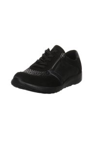 Black suede shoe with a textured panel, lace-up front, side zipper, and a flexible rubber sole. Smooth finish with no visible patterns.