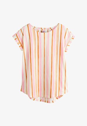 Short-sleeve shirt with vertical pink, orange, and white stripes, a round neckline, and a slightly curved hem.