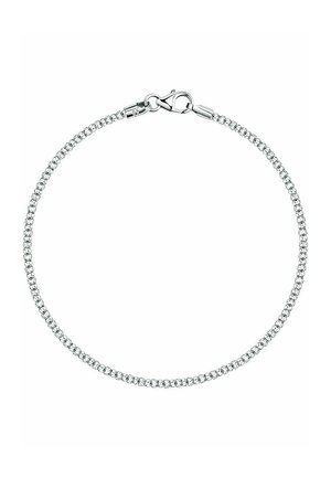 Silberne Kettenarmband mit kleinen runden Gliedern, gesichert mit einem Karabinerverschluss, glatte Textur und polierte Oberfläche.