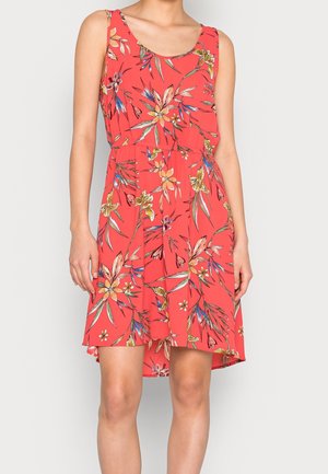 Sleeveless coral dress with colorful floral print, fitted waist, and a slightly flared skirt falling above the knees.