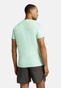 Licht mintgroene T-shirt met korte mouwen en een ronde hals, met een gestructureerde stof, gedragen met donkergrijze shorts. De achteraanzicht toont een gladde silhouet.