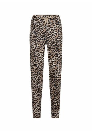 Leopard print joggers in tan and black, featuring a drawstring waist, elastic cuffs, soft fabric, and a slim fit design.